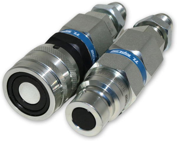 Hydraulic Quick Connect Coupler, 1/2" Body with 1/2" (#8) JIC Thread, Flat Face Bulkhead, ISO 16028, Heavy-Duty Coupling Set with Dust Caps for Skid Steer Bobcat Attachment | Model TL20
