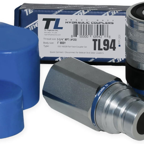 TL93 Hydraulic Quick Connect Coupler – 1" Body With 1-1/4" SAE Thread, Flat Face ISO 16028, High Flow, Zinc-Plated, With Dust Caps