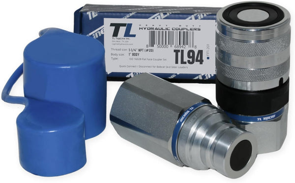 1" Body with 1-1/4″ NPT Thread | High Flow | Flat Face Hydraulic Quick Connect Coupler | Heavy Machinery Attachment | ISO 16028 Heavy-Duty Coupling Sets with Dust Caps | Model TL94