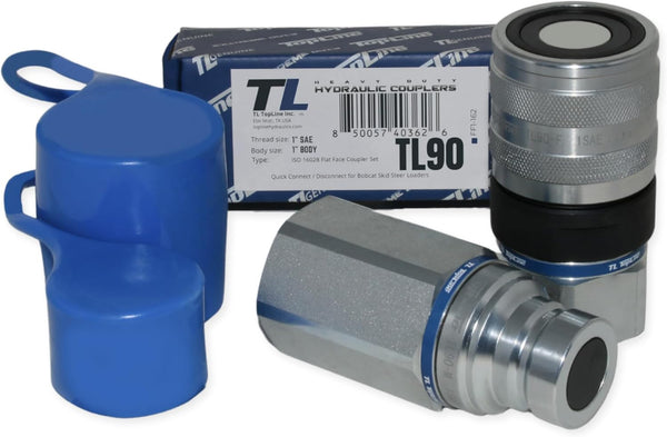 1" Body with 1" SAE O-Ring BOSS Thread | Flat Face Hydraulic Quick Connect Coupler | Heavy Machinery Attachment | ISO 16028 Heavy-Duty Coupling Sets with Dust Caps | Model TL90