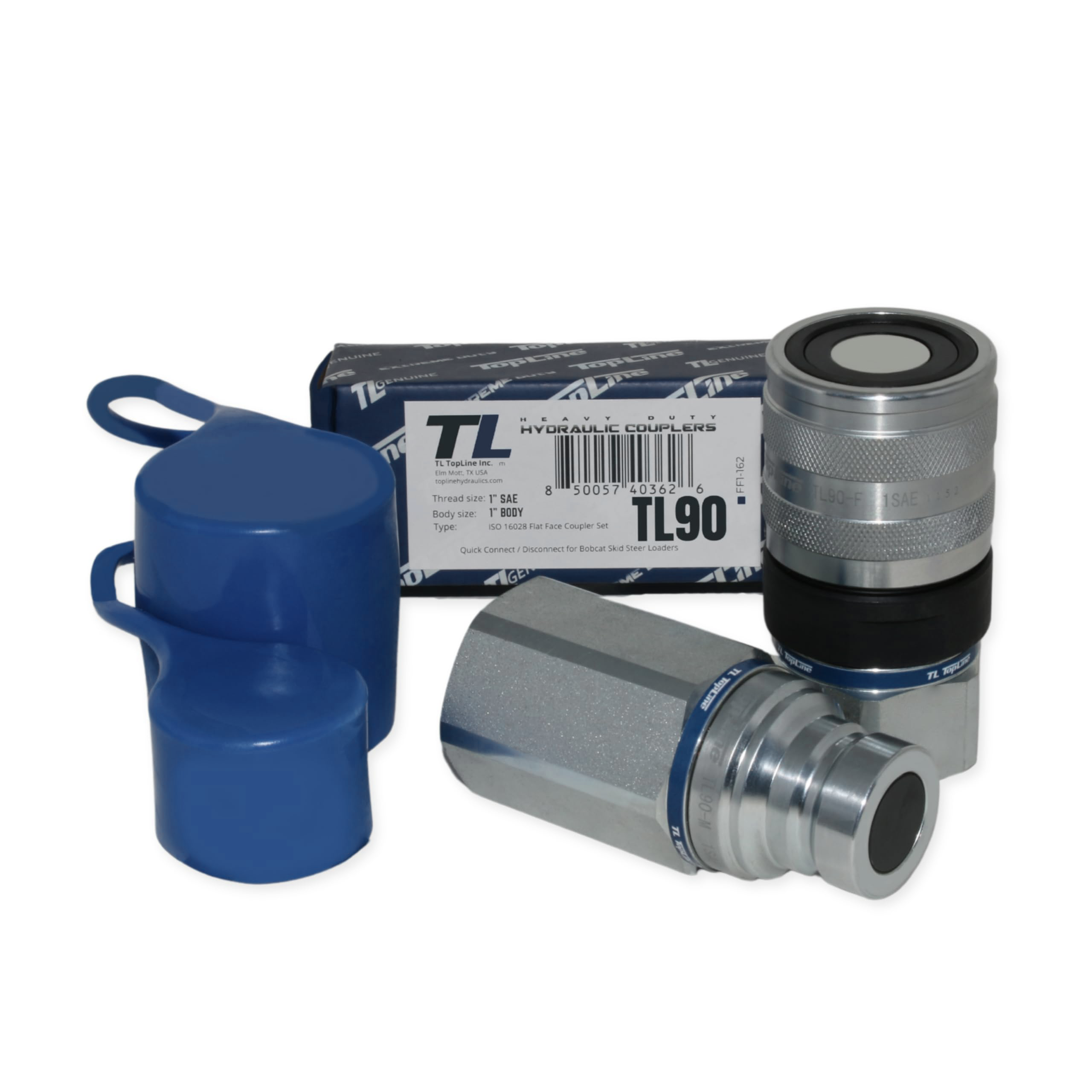 1" Body with 1" SAE O-Ring BOSS Thread | Flat Face Hydraulic Quick Connect Coupler | Heavy Machinery Attachment | ISO 16028 Heavy-Duty Coupling Sets with Dust Caps | Model TL90