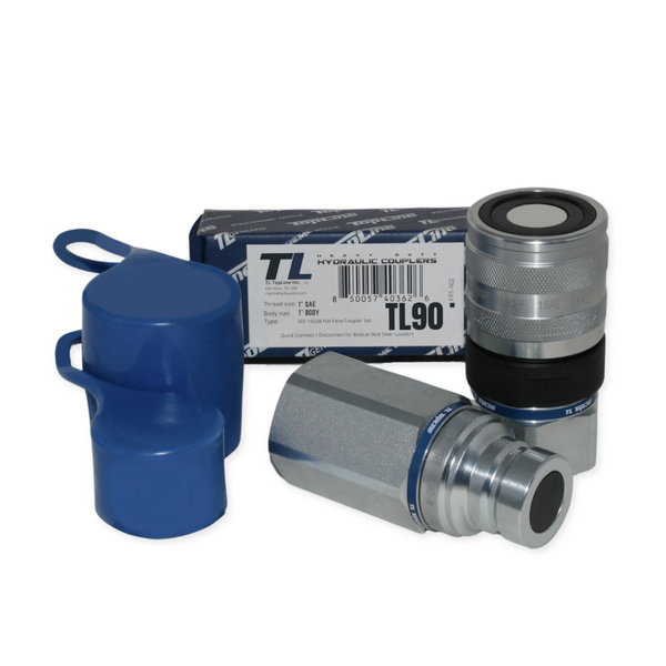 1" Body with 1" SAE O-Ring BOSS Thread | Flat Face Hydraulic Quick Connect Coupler | Heavy Machinery Attachment | ISO 16028 Heavy-Duty Coupling Sets with Dust Caps | Model TL90