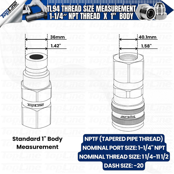 1" Body with 1-1/4″ NPT Thread | High Flow | Flat Face Hydraulic Quick Connect Coupler | Heavy Machinery Attachment | ISO 16028 Heavy-Duty Coupling Sets with Dust Caps | Model TL94