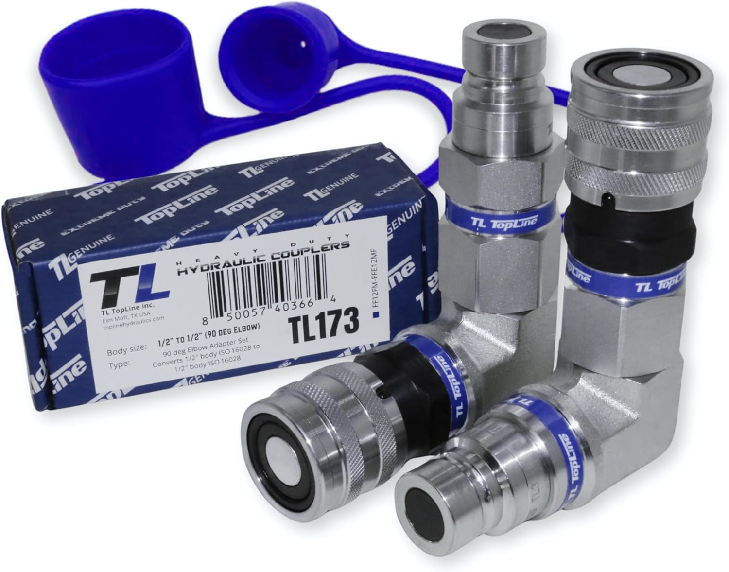 1/2" Body Flat‑Face 90 Degree Elbow Adapter Set, Hydraulic Quick Connect Coupler, ISO 16028, Heavy-Duty Coupling Set with Dust Caps for Skid Steer Bobcat Attachment | Model TL173