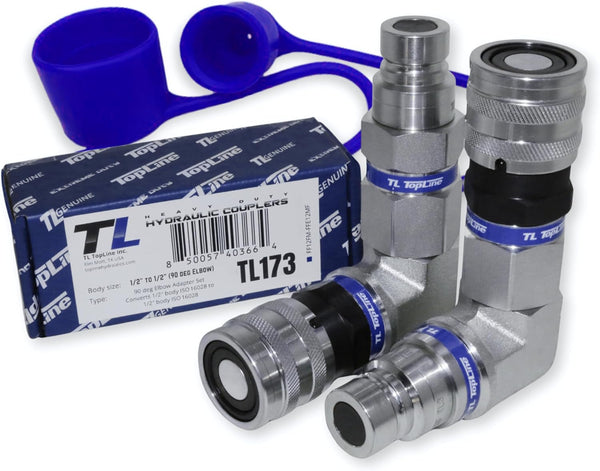 1/2" Body Flat‑Face 90 Degree Elbow Adapter Set, Hydraulic Quick Connect Coupler, ISO 16028, Heavy-Duty Coupling Set with Dust Caps for Skid Steer Bobcat Attachment | Model TL173