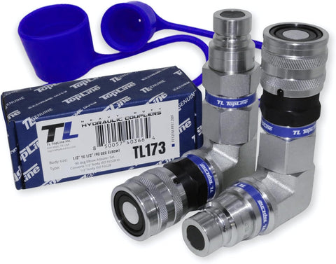 1/2" Body Flat‑Face 90 Degree Elbow Adapter Set, Hydraulic Quick Connect Coupler, ISO 16028, Heavy-Duty Coupling Set with Dust Caps for Skid Steer Bobcat Attachment | Model TL173