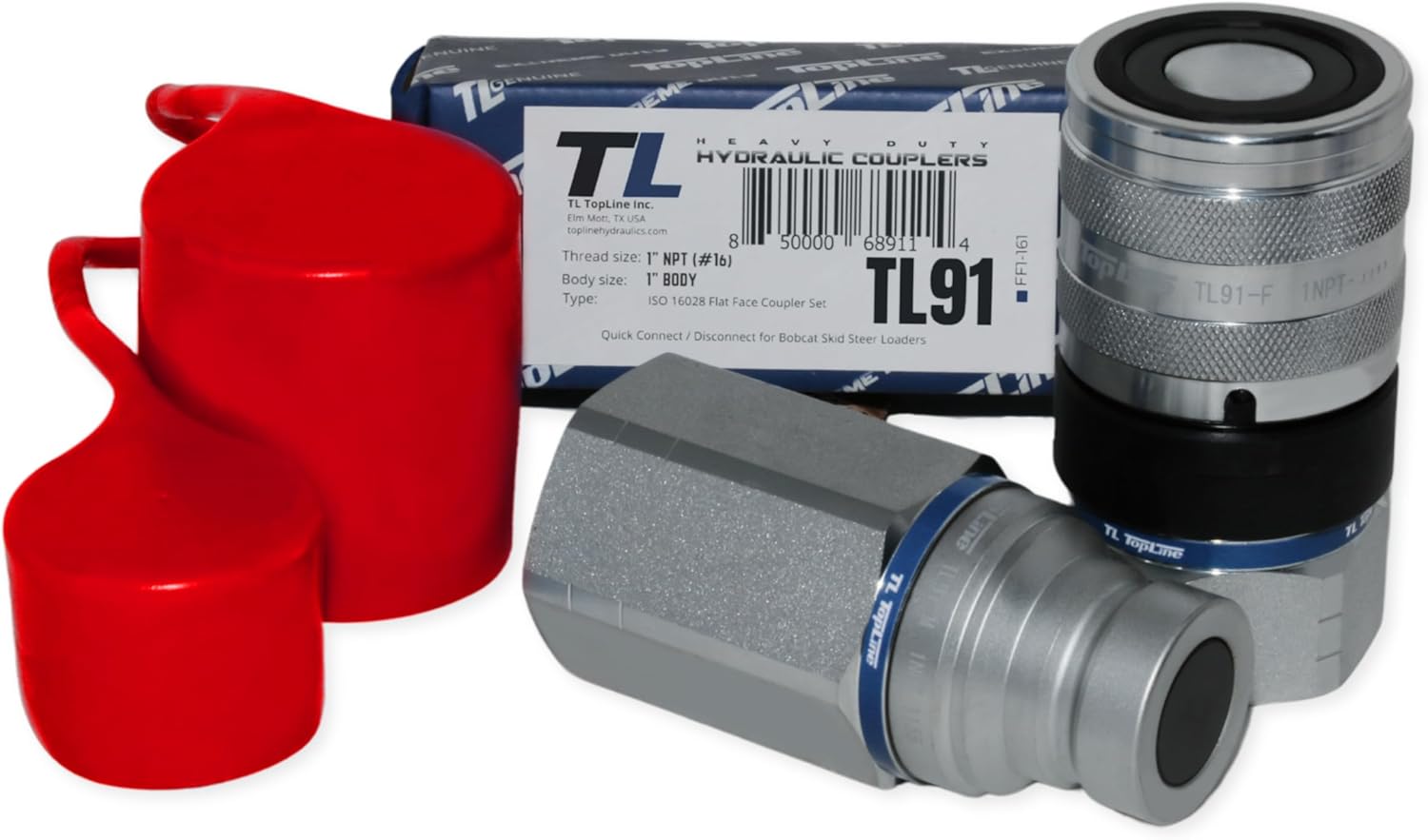 1" Body with 1" NPT Thread | Flat Face Hydraulic Quick Connect Coupler | Heavy Machinery Attachment | ISO 16028 Heavy-Duty Coupling Sets with Dust Caps | Model TL91