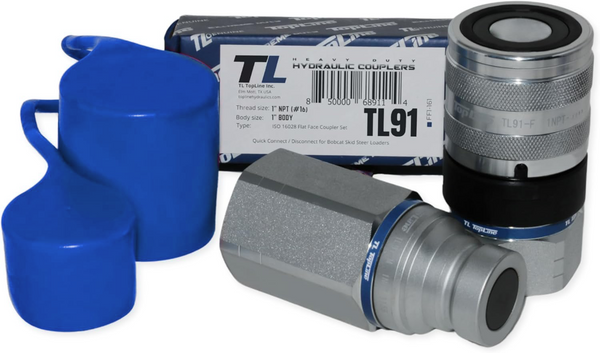 1" Body with 1" NPT Thread | Flat Face Hydraulic Quick Connect Coupler | Heavy Machinery Attachment | ISO 16028 Heavy-Duty Coupling Sets with Dust Caps | Model TL91