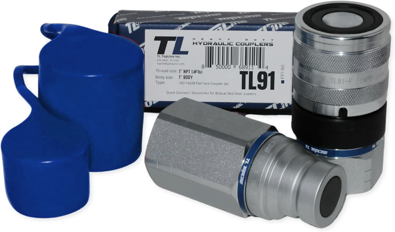 1" Body with 1" NPT Thread | Flat Face Hydraulic Quick Connect Coupler | Heavy Machinery Attachment | ISO 16028 Heavy-Duty Coupling Sets with Dust Caps | Model TL91