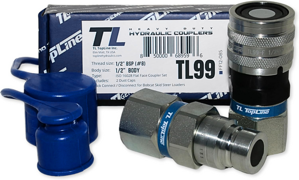 1/2" Body with 1/2" BSP (British Standard Pipe) Thread | Flat Face Hydraulic Quick Connect Coupler | Skid Steer Bobcat Attachment | ISO 16028 Heavy-Duty Coupling Sets with Dust Caps | Model TL99