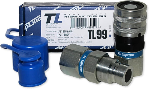 1/2" Body with 1/2" BSP (British Standard Pipe) Thread | Flat Face Hydraulic Quick Connect Coupler | Skid Steer Bobcat Attachment | ISO 16028 Heavy-Duty Coupling Sets with Dust Caps | Model TL99