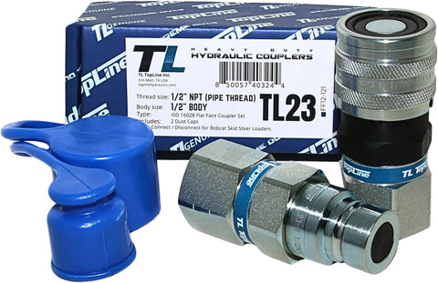 1/2" Body with 1/2" NPT Thread | Flat Face Hydraulic Quick Connect Coupler | Skid Steer Bobcat Attachment | ISO 16028 Heavy-Duty Coupling Sets with Dust Caps | Model TL23