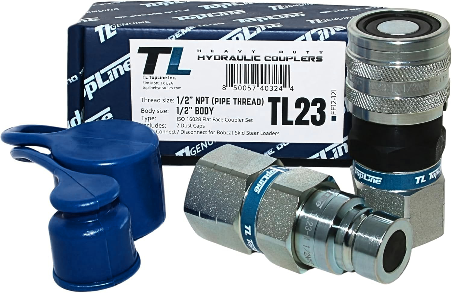 1/2" Body with 1/2" NPT Thread | Flat Face Hydraulic Quick Connect Coupler | Skid Steer Bobcat Attachment | ISO 16028 Heavy-Duty Coupling Sets with Dust Caps | Model TL23