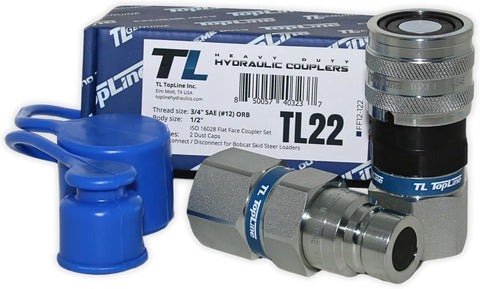 1/2" Body with 3/4" SAE O-Ring BOSS Thread, Hydraulic Quick Connect Coupler, Flat Face, ISO 16028, Heavy-Duty Coupling Set with Dust Caps for Skid Steer Bobcat Attachment | Model TL22