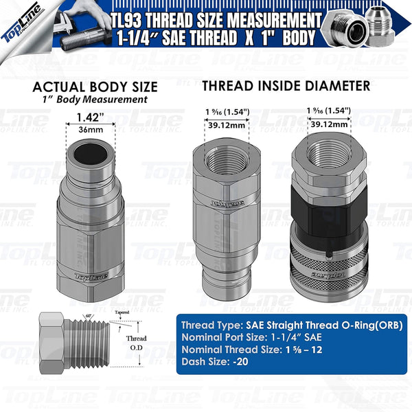 1" Body with 1-1/4″ SAE Thread | High Flow | Flat Face Hydraulic Quick Connect Coupler | Heavy Machinery Attachment | ISO 16028 Heavy-Duty Coupling Sets with Dust Caps | Model TL93