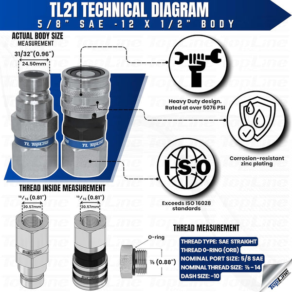 TL21 5/8" SAE Thread Flat Face Quick Connect Hydraulic Coupler 1/2" body size Bobcat Skid Steer Coupling