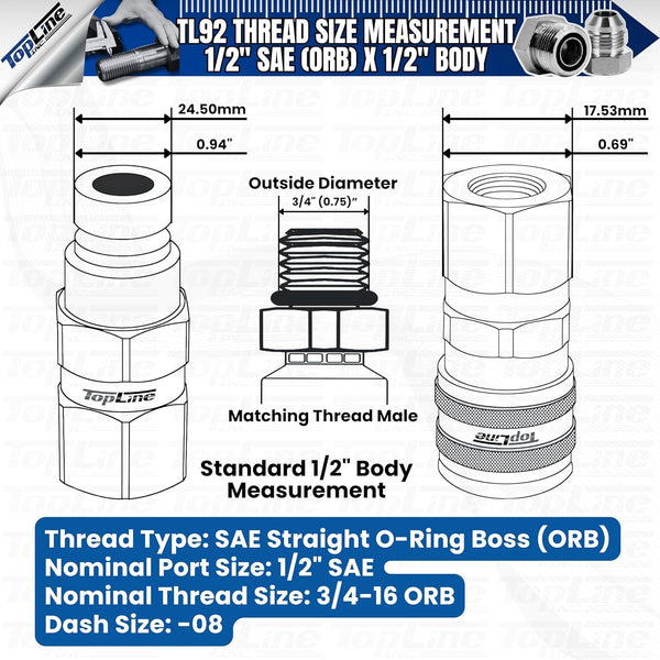 1/2" Body with 1/2" SAE O-Ring BOSS thread | Flat Face Hydraulic Quick Connect Coupler | Heavy Machinery Attachment | ISO 16028 Heavy-Duty Coupling with Dust Caps | Model TL92