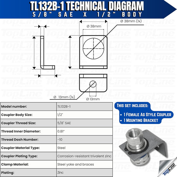 1/2" Body 5/8" SAE Thread | Agricultural Couplers Hydraulic Quick Connect with Break Away Mounting Bracket | ISO 5675 | Skid Steer Bobcat Attachment | Push/Pull Heavy-Duty Coupling | Model TL132B-1