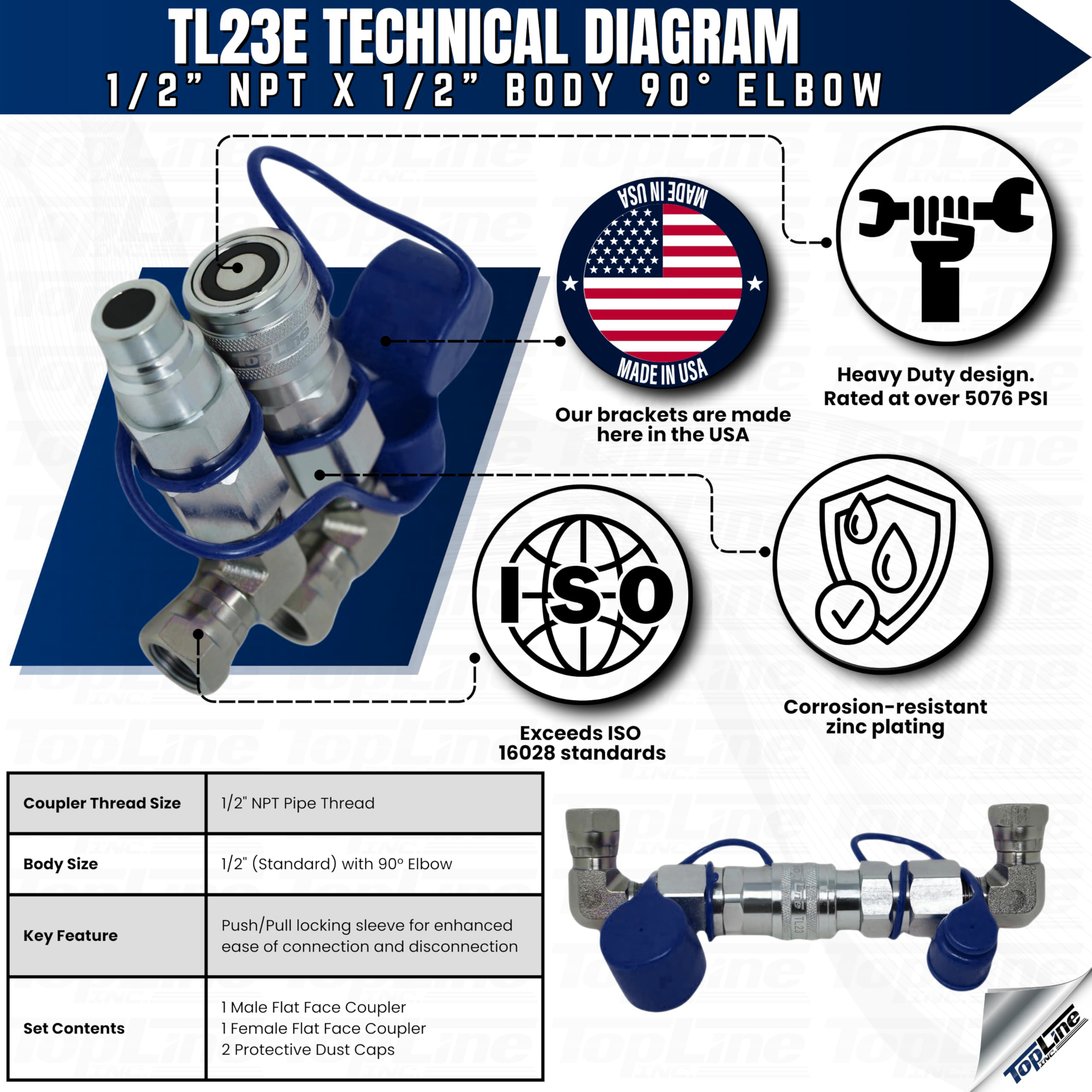 TL23E 1/2 NPT Flat Face Hydraulic Quick Coupler 1/2 body 90 deg. Elbow Bobcat