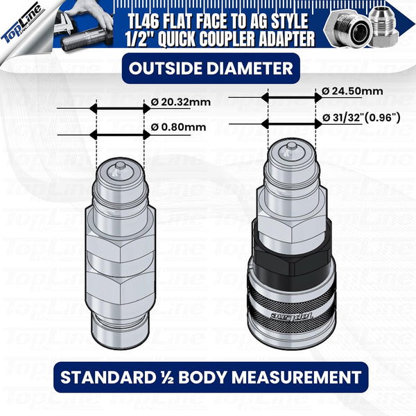 1/2" Flat Face to Ag Style Hydraulic Quick Coupler Adapter Set | Install Flat Face Connector on Skid Steer | 5076 PSI | Zinc Plated | ISO 16028 to ISO 5675 | with Dust Caps | Model TL46