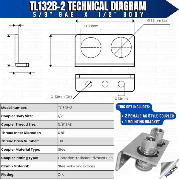 1/2" Body 5/8" SAE Thread | Agricultural Couplers Hydraulic Quick Connect with Break Away Mounting Bracket | ISO 5675 | Skid Steer Bobcat Attachment | Push/Pull Heavy-Duty Coupling | Model TL132B-2