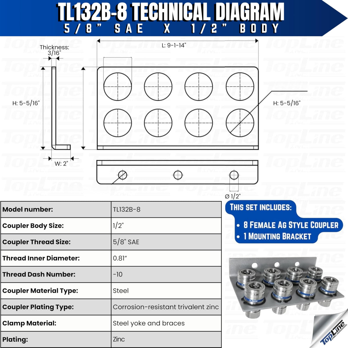 1/2" Body 5/8" SAE Thread | Agricultural Couplers Hydraulic Quick Connect with Break Away Mounting Bracket | ISO 5675 Ag Pioneer Style Couplers | Push/Pull Heavy-Duty Coupling | Model TL132B-8