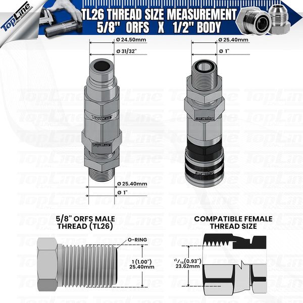 Hydraulic Quick Connect Coupler, 1/2" Body with 5/8" ORFS Thread, Flat Face Bulkhead, ISO 16028, Heavy-Duty Coupling Set with Dust Caps for Bobcat Skid Steer Loaders | Model TL26