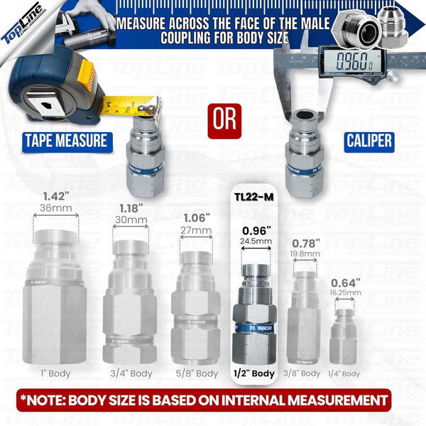 1/2" Body with 3/4" SAE O-Ring BOSS Thread, Hydraulic Quick Connect Coupler, Flat Face, ISO 16028, Heavy-Duty Coupling Set with Dust Caps for Skid Steer Bobcat Attachment | Model TL22