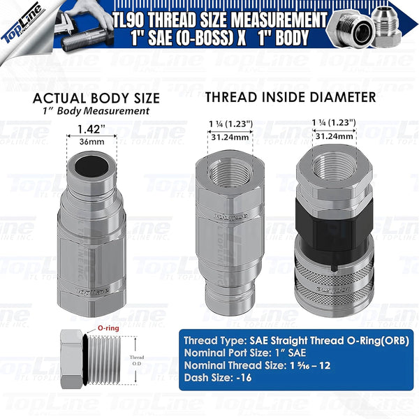 1" Body with 1" SAE O-Ring BOSS Thread | Flat Face Hydraulic Quick Connect Coupler | Heavy Machinery Attachment | ISO 16028 Heavy-Duty Coupling Sets with Dust Caps | Model TL90