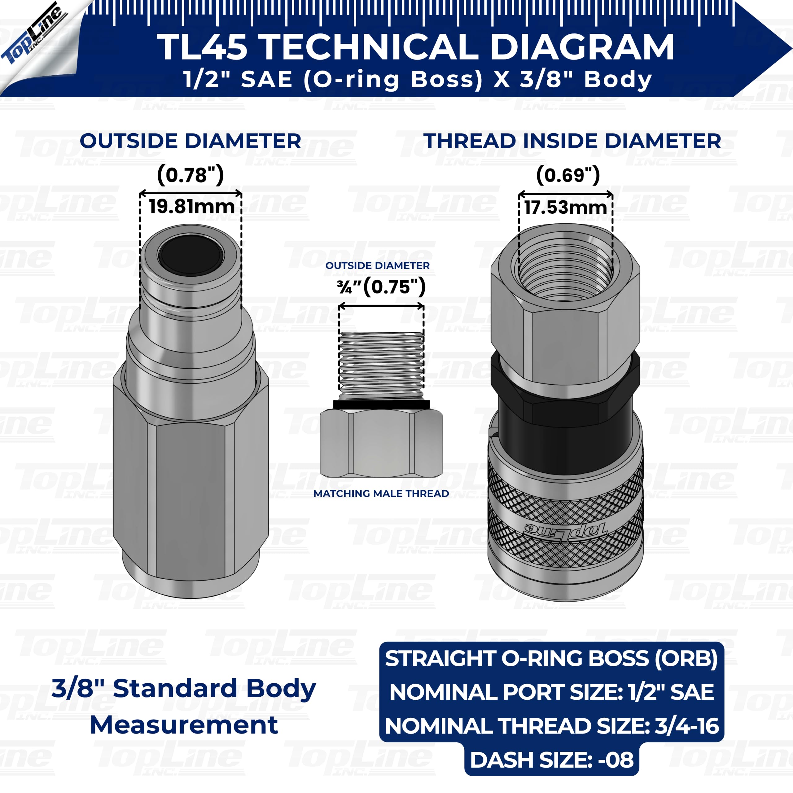 1/2" SAE Thread 3/8" body size Flat Face Quick Connect Hydraulic Coupler for Bobcat Skid Steer Loaders TL45-F