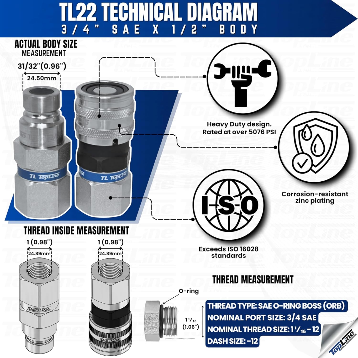 1/2" Body with 3/4" SAE O-Ring BOSS Thread, Hydraulic Quick Connect Coupler, Flat Face, ISO 16028, Heavy-Duty Coupling Set with Dust Caps for Skid Steer Bobcat Attachment | Model TL22