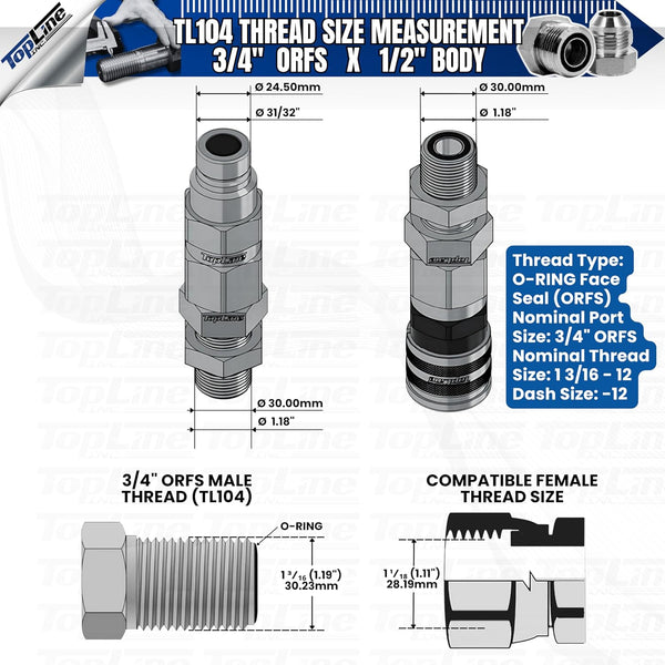Hydraulic Quick Connect Coupler | 3/4" ORFS Flat Face | 1/2" Body Size | ISO 16028 | Heavy-Duty Coupling Set with Dust Caps for Bobcat Bulkhead for Skid Steer Loaders | Model TL104