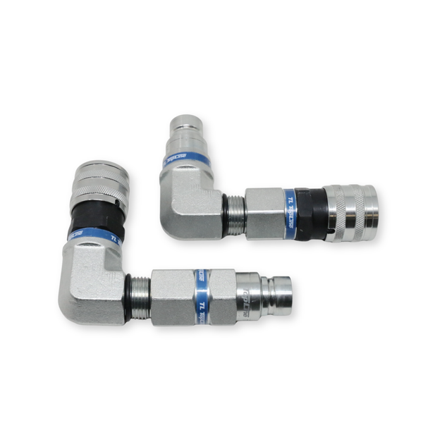 90 Degree Adapter Set Flat Face Coupler | Converts 1/2 body to 3/4 body | Hydraulic Quick Connect Coupler | ISO 16028 | Heavy-Duty Coupling Set for Bobcat Bulkhead for Skid Steer Loaders | Model TL117E