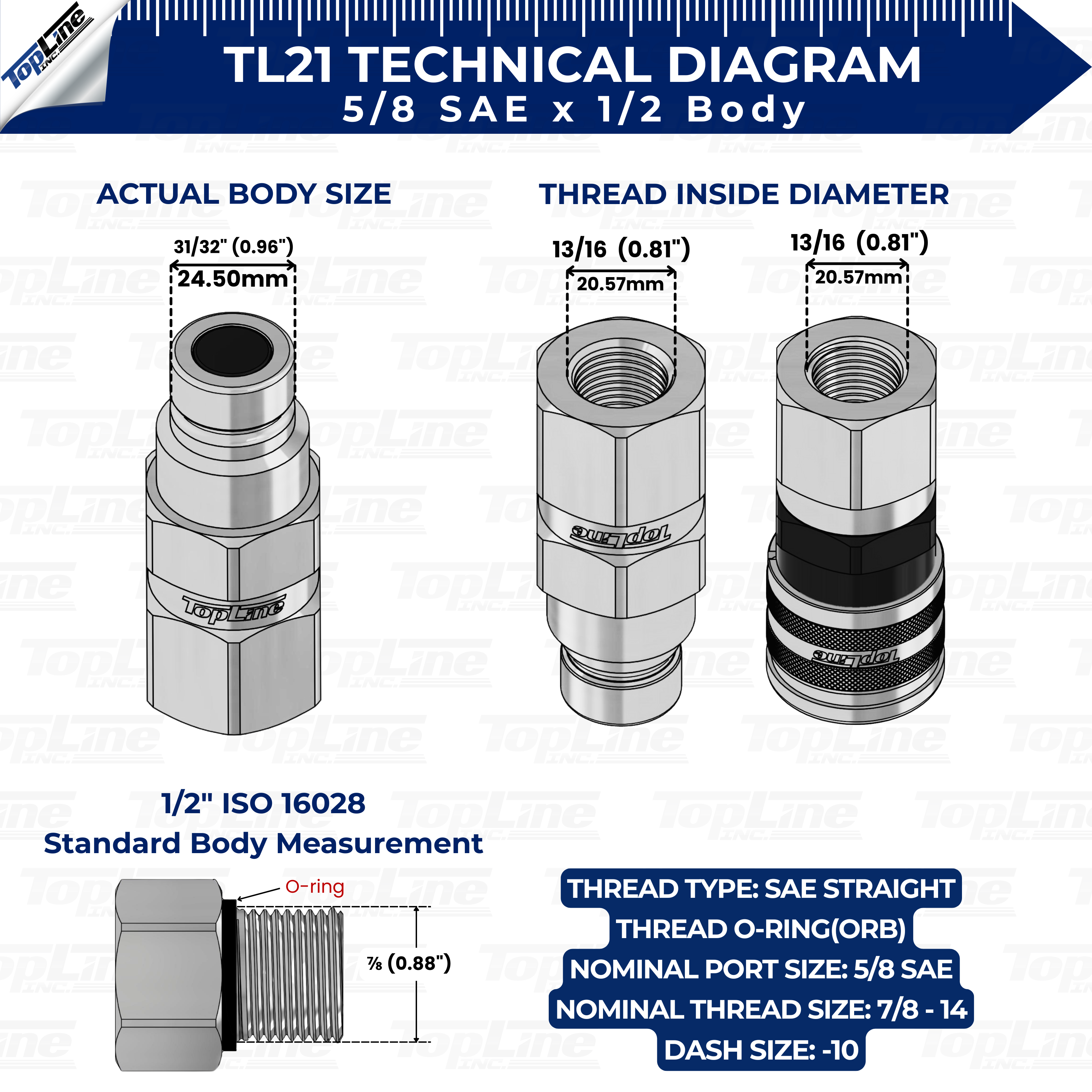 TL21-M 5/8" SAE Thread Flat Face Quick Connect Hydraulic Coupler Male 1/2" body size Bobcat Skid Steer Loaders