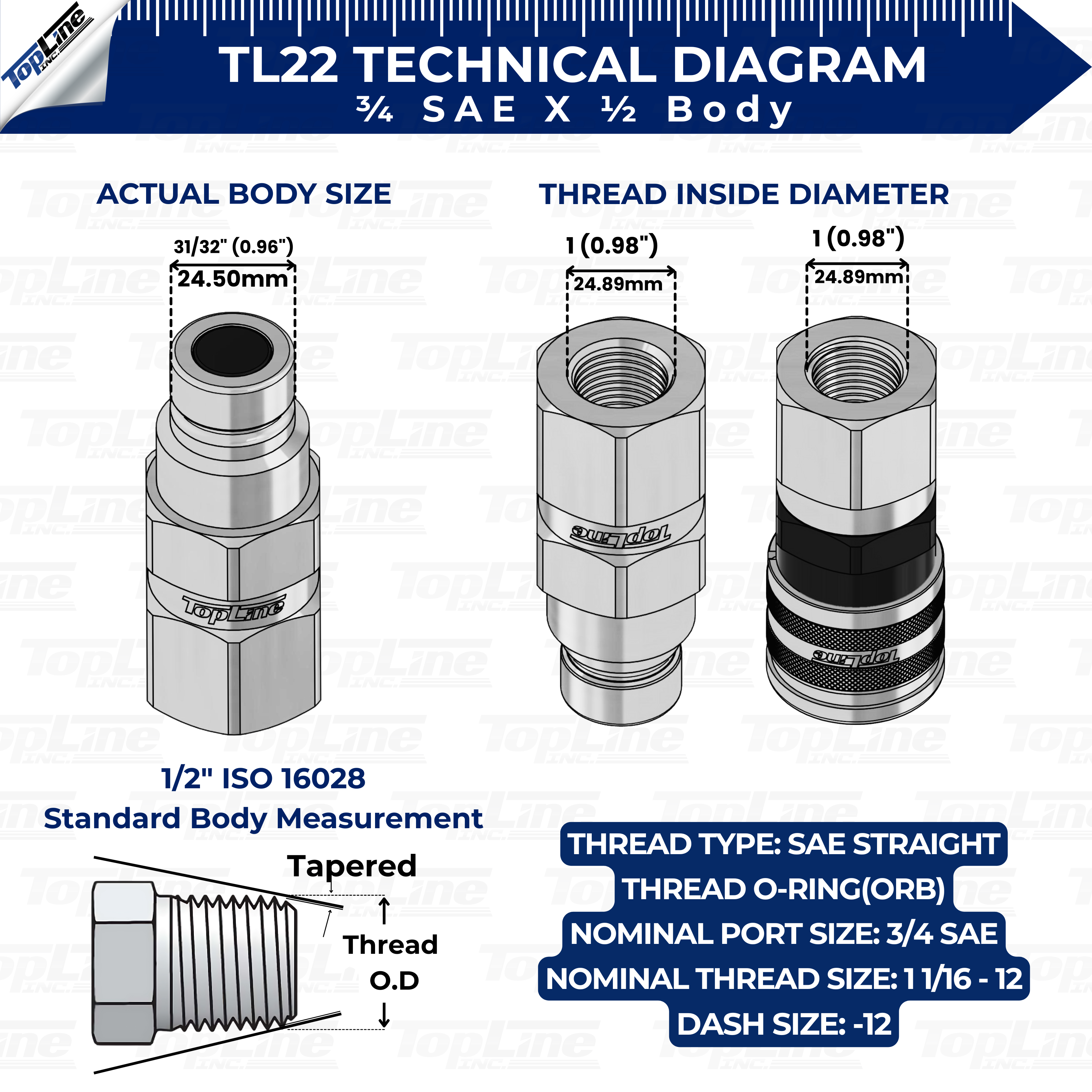 TL22-F 3/4" SAE Thread Flat Face Quick Connect Hydraulic Female Coupler 1/2" body size for Bobcat Skid Steer Loaders