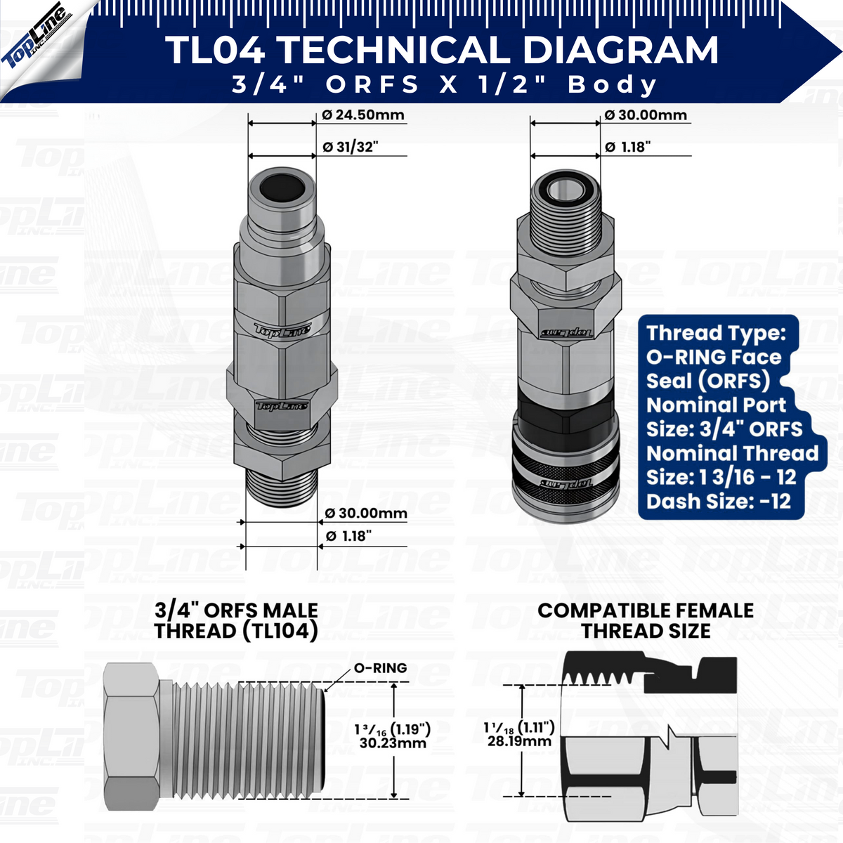 TL104-M 3/4" ORFS Thread Male Flat Face Quick Connect Hydraulic Coupler Bulkhead 1/2" body size for John Deere mini excavator