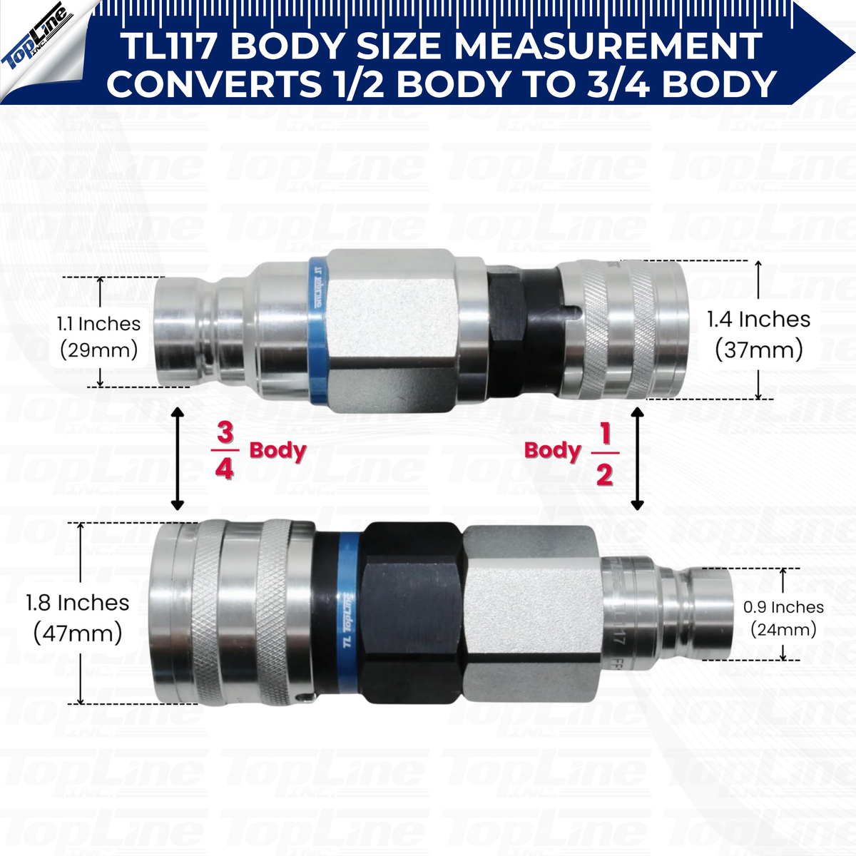 Adapter Set Flat Face Coupler | Converts 1/2 body to 3/4 body | Hydraulic Quick Connect Coupler | ISO 16028 | Heavy-Duty Coupling Set for Bobcat Bulkhead for Skid Steer Loaders | Model TL117