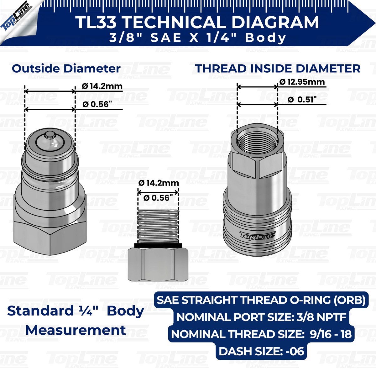TL33 3/8" SAE Thread Hydraulic Quick Connect Coupler Set 1/4” Body Ag ISO 5675
