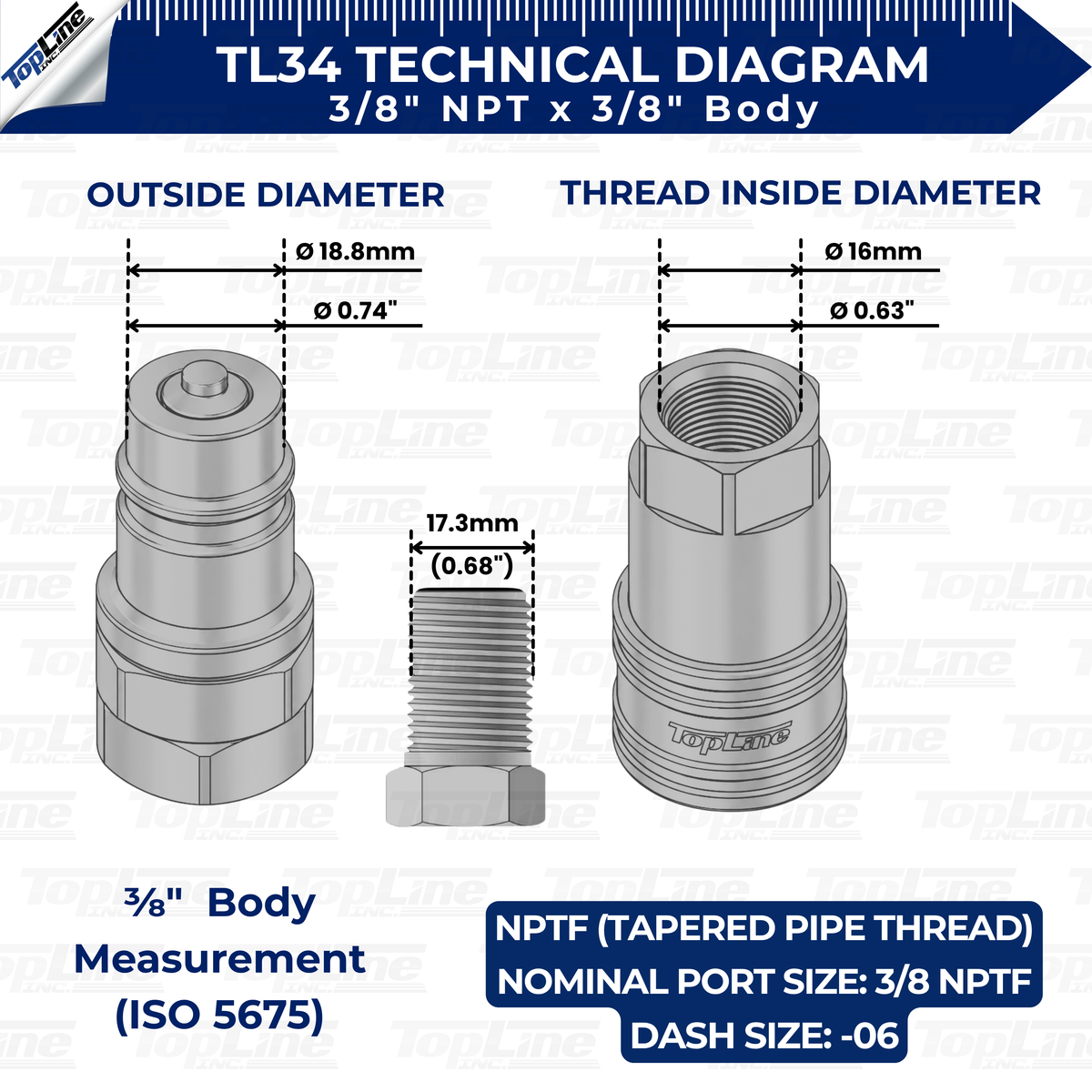 TL34 3/8" NPT Thread Hydraulic Quick Connect Coupler Set 3/8” Body Ag ISO 5675