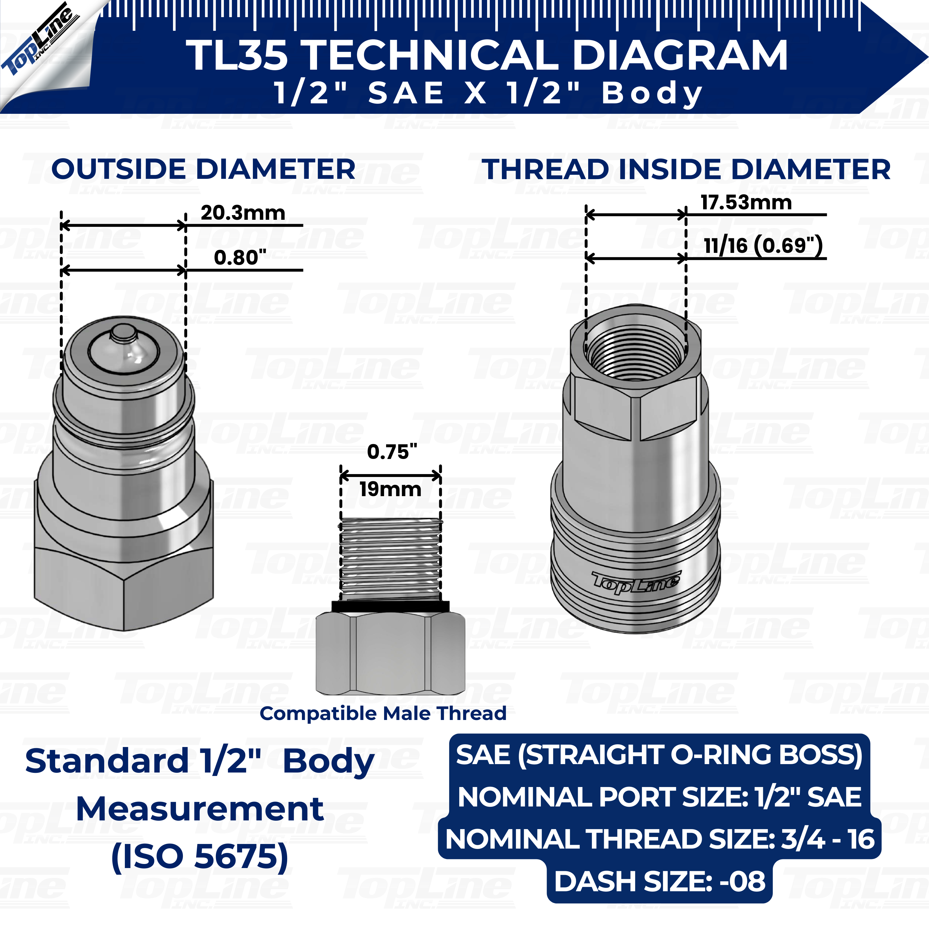 TL35 1/2" SAE Thread 1/2 Ag Hydraulic Quick Connect Coupler Poppet Valve ISO5675