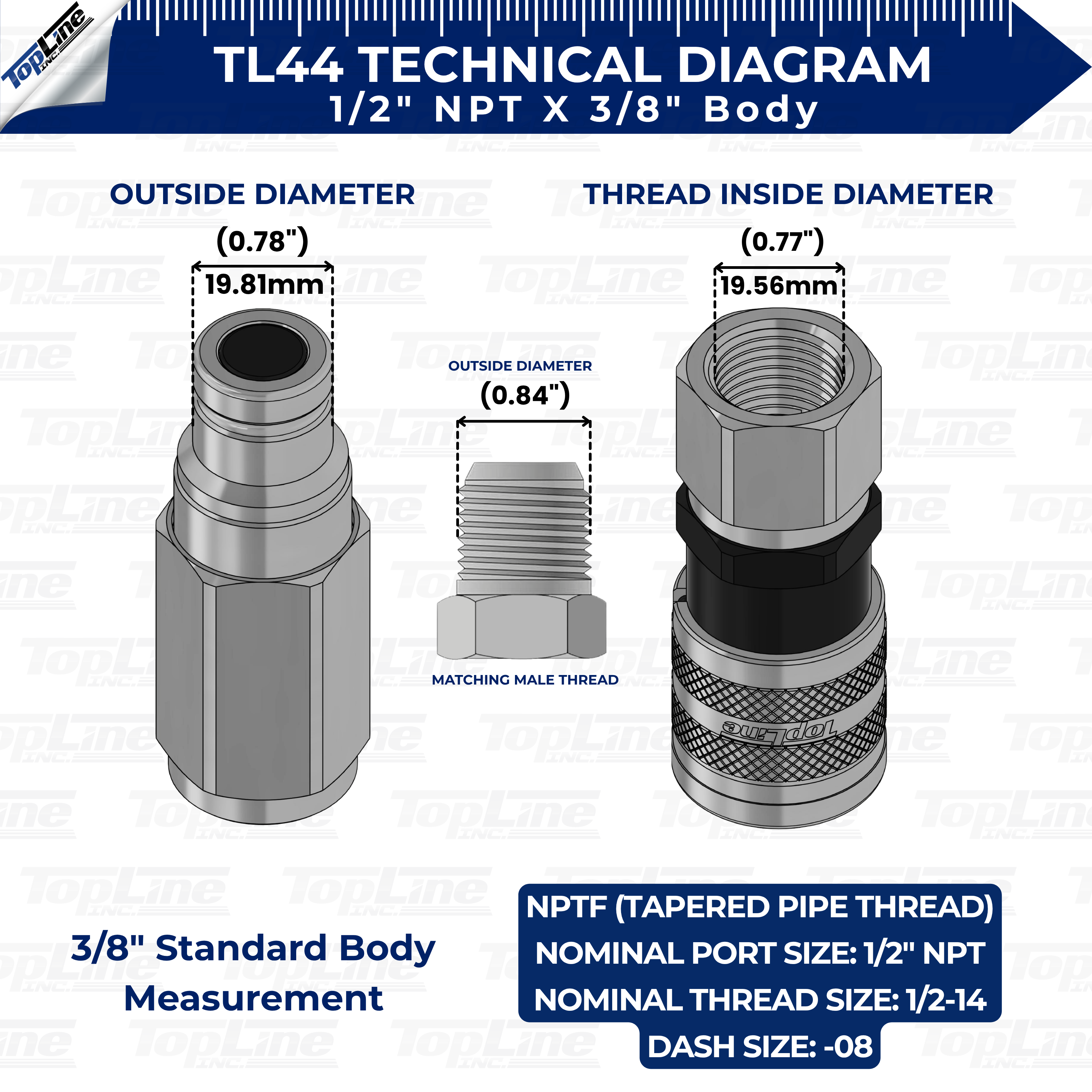 TL44 1/2" NPT Thread 3/8" body size Flat Face Quick Connect Hydraulic Couplers  for Bobcat Skid Steer Loaders