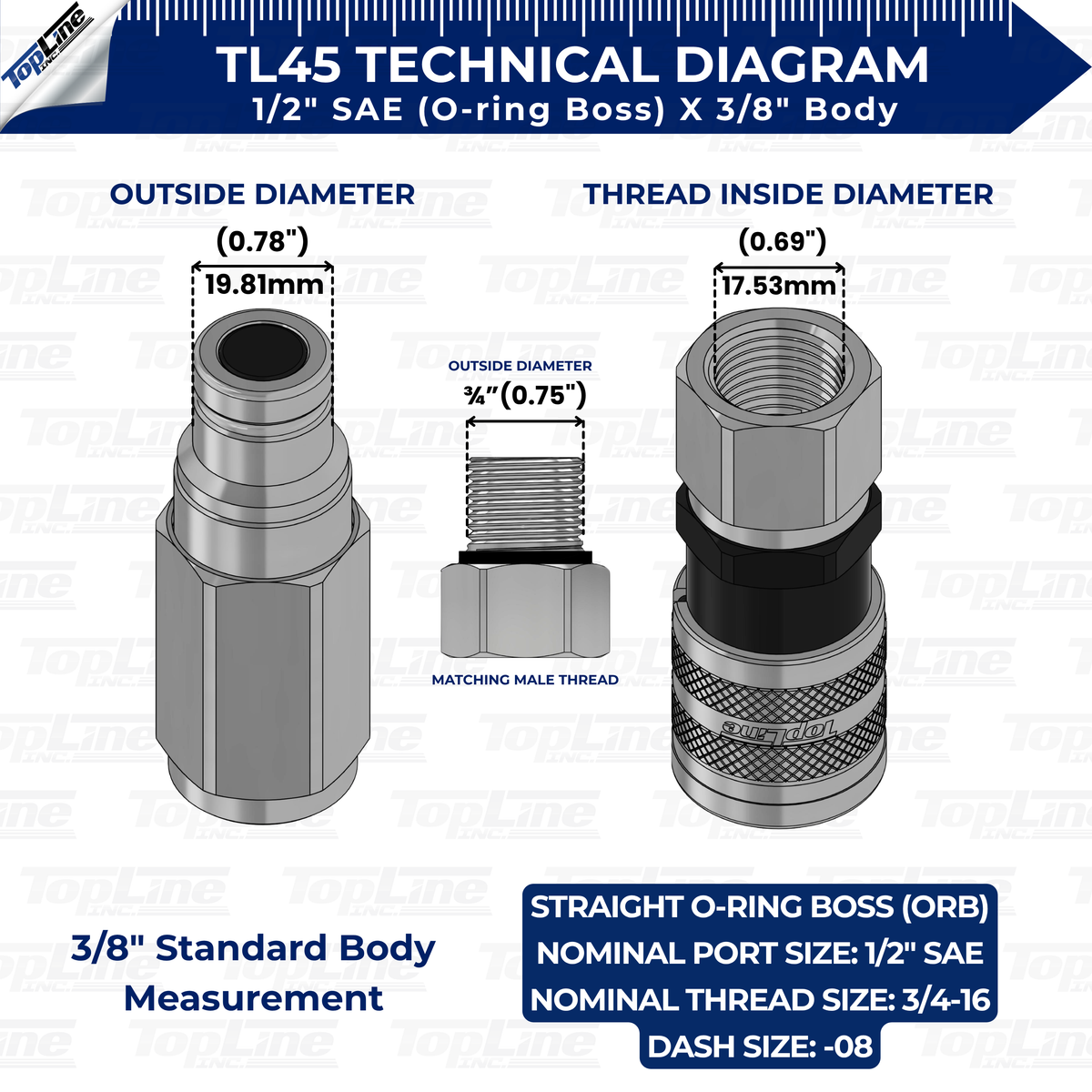 TL45 1/2" SAE Thread 3/8" body size Flat Face Quick Connect Hydraulic Couplers  for Bobcat Skid Steer Loaders