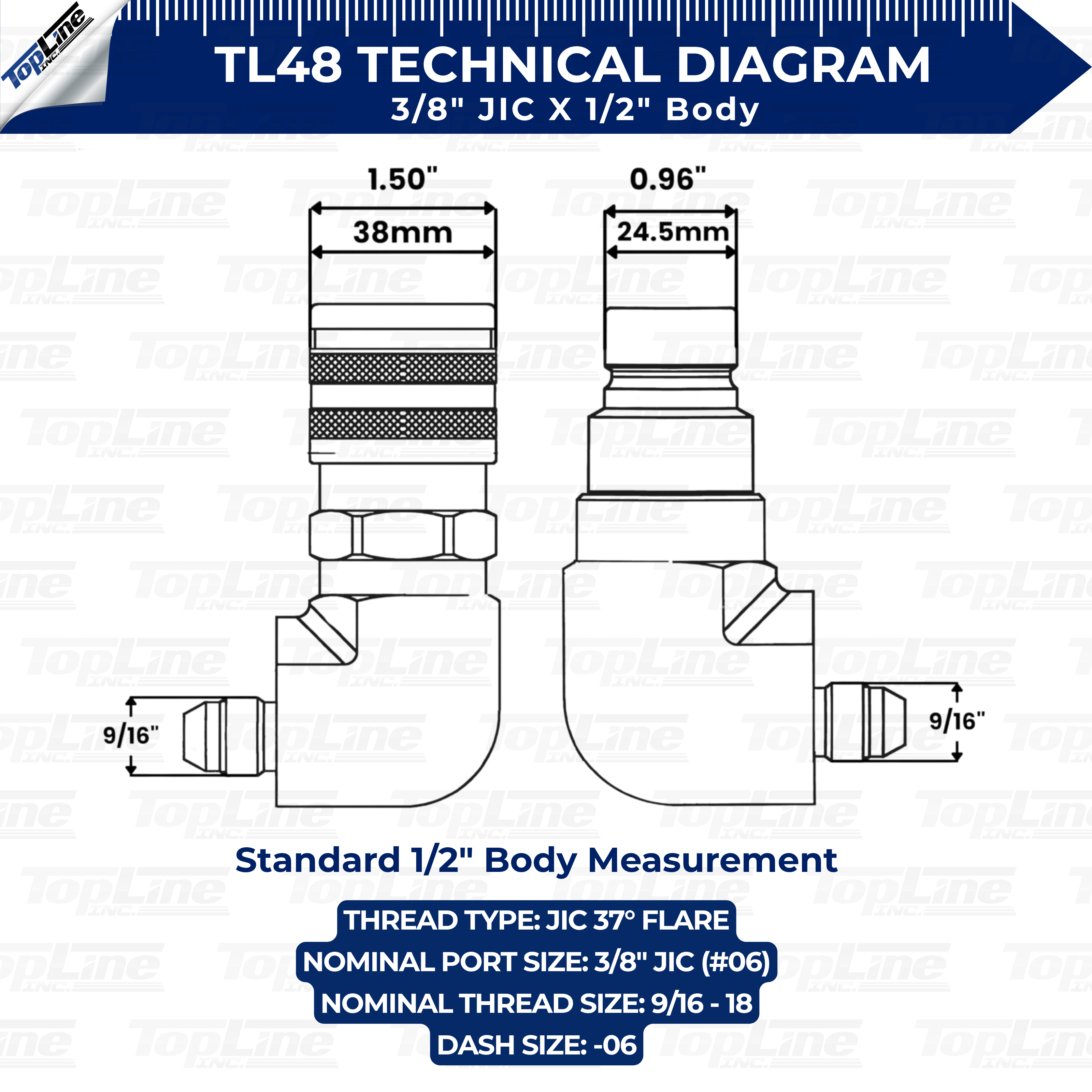TL48 1/2" Body 90 deg. Elbow 3/8” JIC Thread Flat Face Quick Connect Coupler