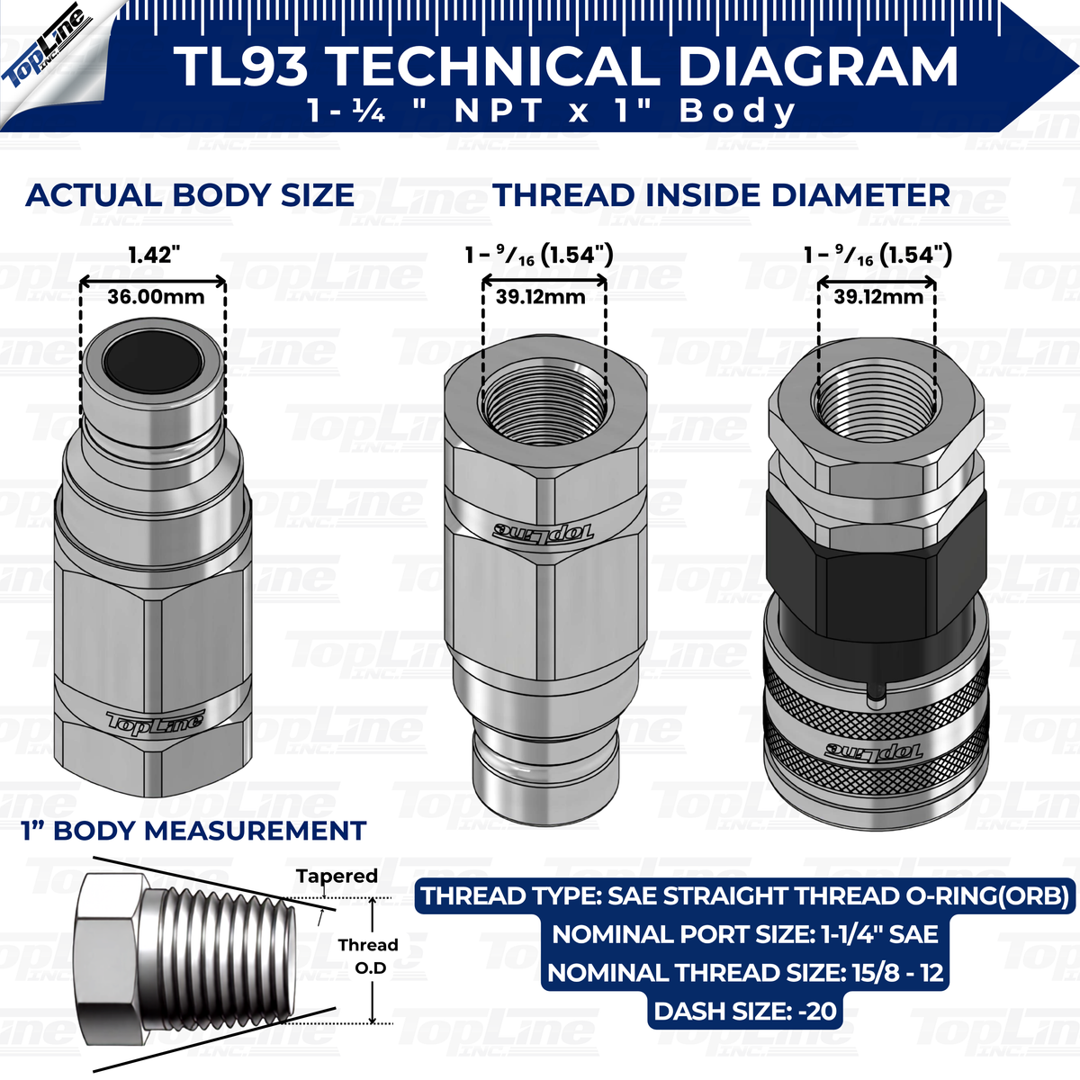 1" Body with 1-1/4″ SAE Thread | High Flow | Flat Face Hydraulic Quick Connect Coupler | Heavy Machinery Attachment | ISO 16028 Heavy-Duty Coupling Sets with Dust Caps | Model TL93