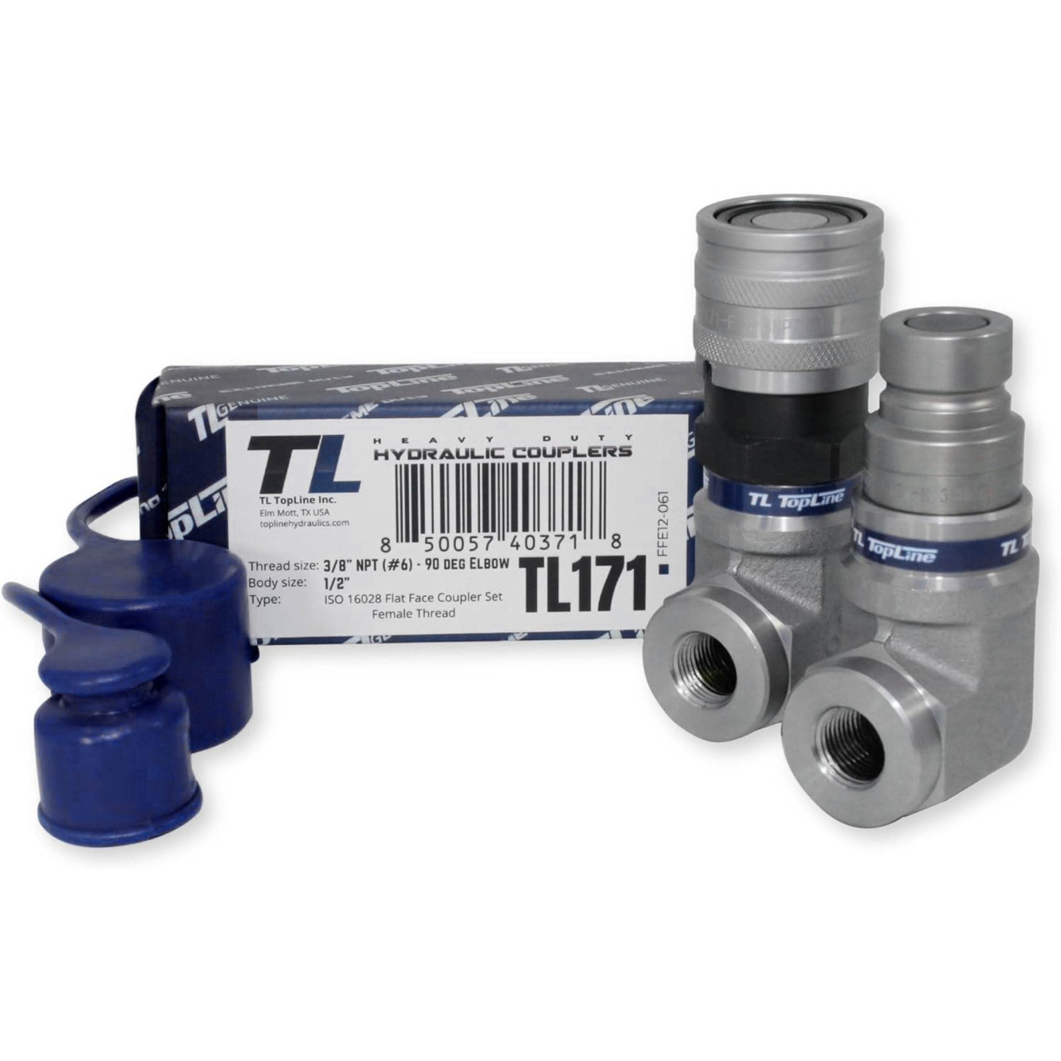 1/2" Body with 90 deg. Elbow 3/8" NPT Thread | Flat Face Hydraulic Quick Connect Coupler | Skid Steer Bobcat Attachment | ISO 16028 Heavy-Duty Coupling Sets with Dust Caps | Model TL171