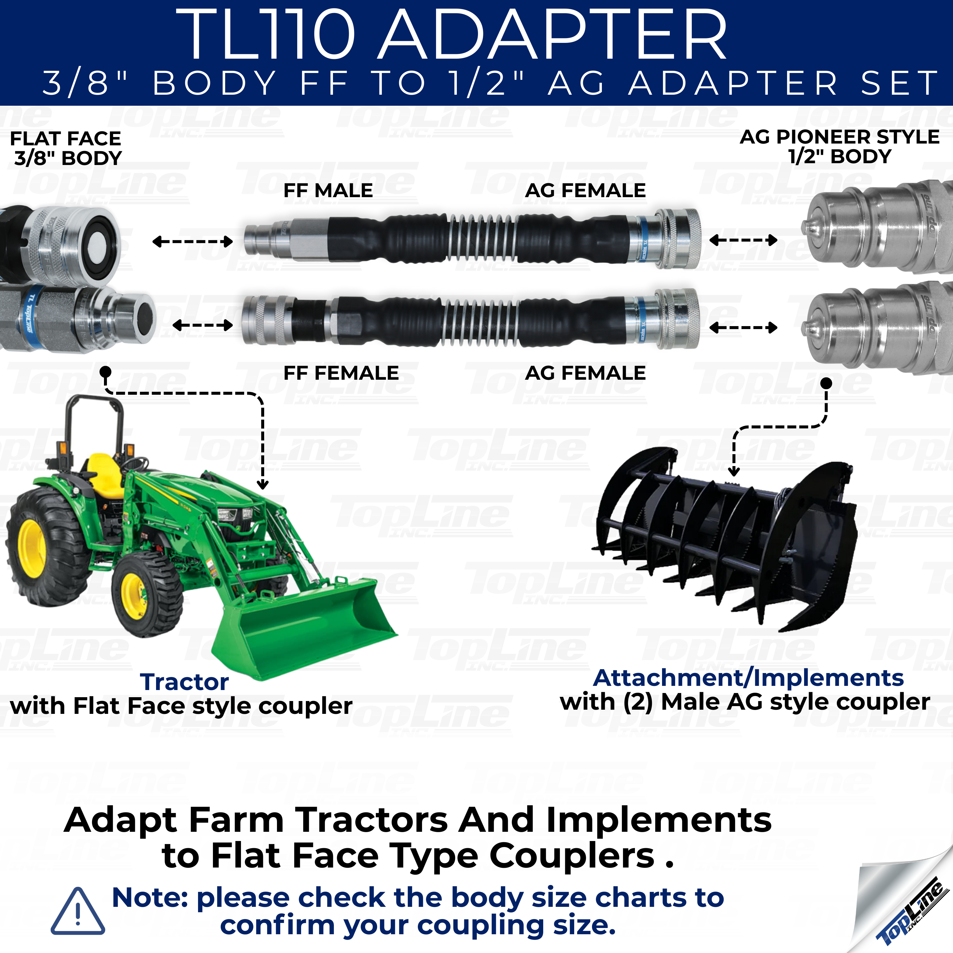 TL110 3/8" Flat Face ISO16028 to 1/2" ISO5675 Ag style Hydraulic Quick Connect Coupler Adapter Set