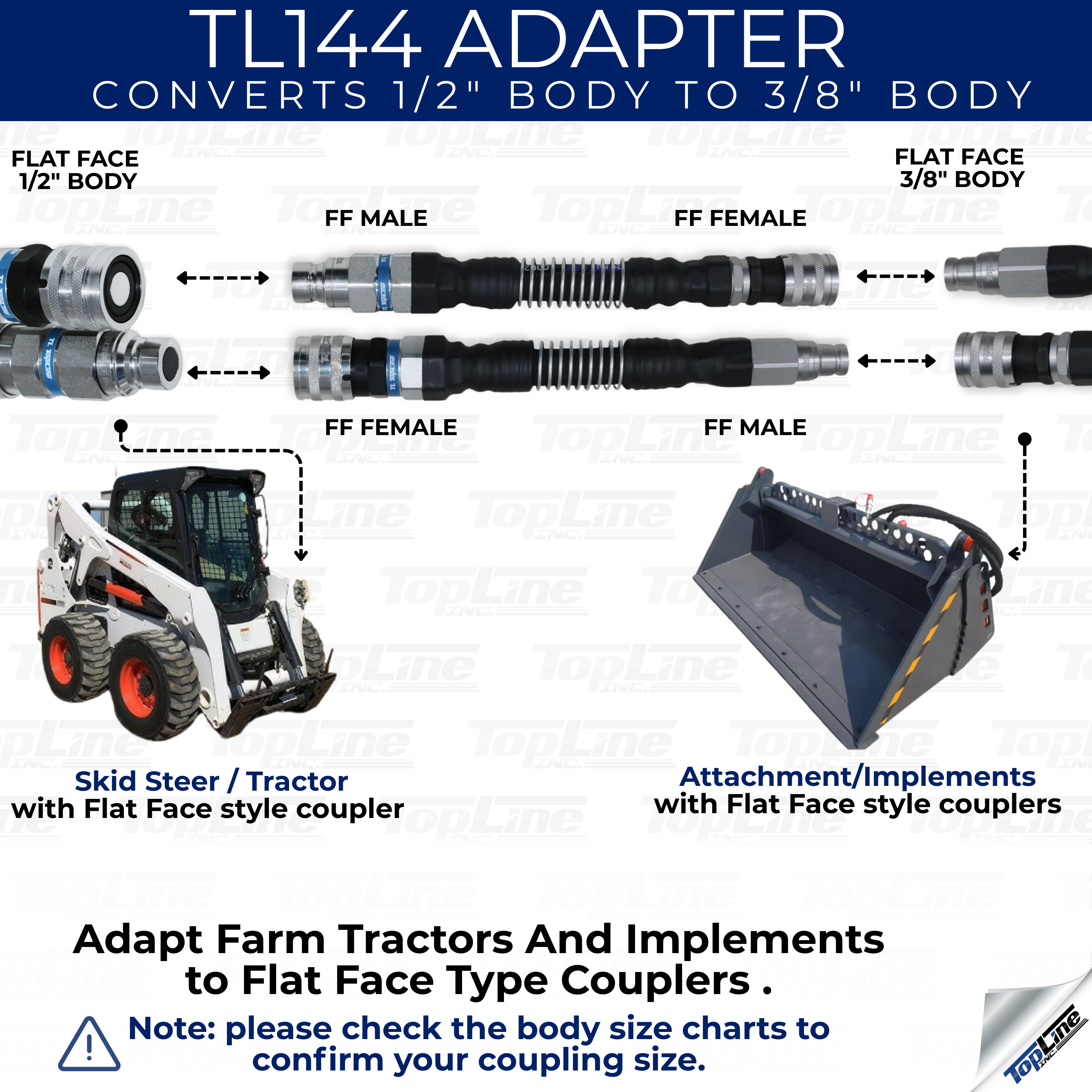 Adapter Set Flat Face Coupler | Converts 1/2 body to 3/8 body | Hydraulic Quick Connect Coupler | ISO 16028 | Model TL144
