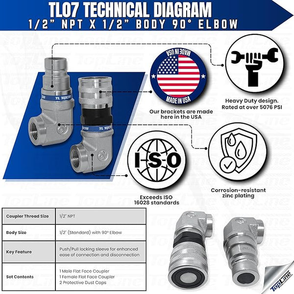 TL107-F 1/2 NPT Female Flat Face Hydraulic Quick Coupler 1/2 body 90 deg. Elbow Bobcat