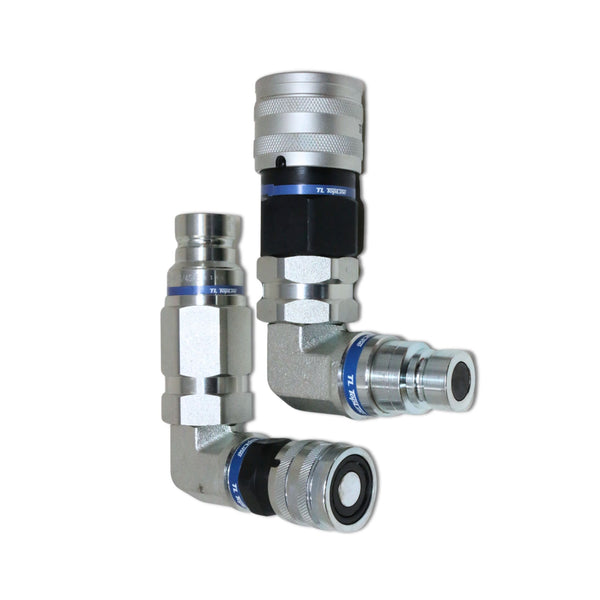 90 Degree Adapter Set Flat Face Coupler | Converts 1/2 body to 3/4 body | Hydraulic Quick Connect Coupler | ISO 16028 | Heavy-Duty Coupling Set for Bobcat Bulkhead for Skid Steer Loaders | Model TL117E