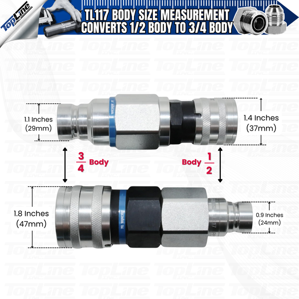 Adapter Set Flat Face Coupler | Converts 1/2 body to 3/4 body | Hydraulic Quick Connect Coupler | ISO 16028 | Heavy-Duty Coupling Set for Bobcat Bulkhead for Skid Steer Loaders | Model TL117